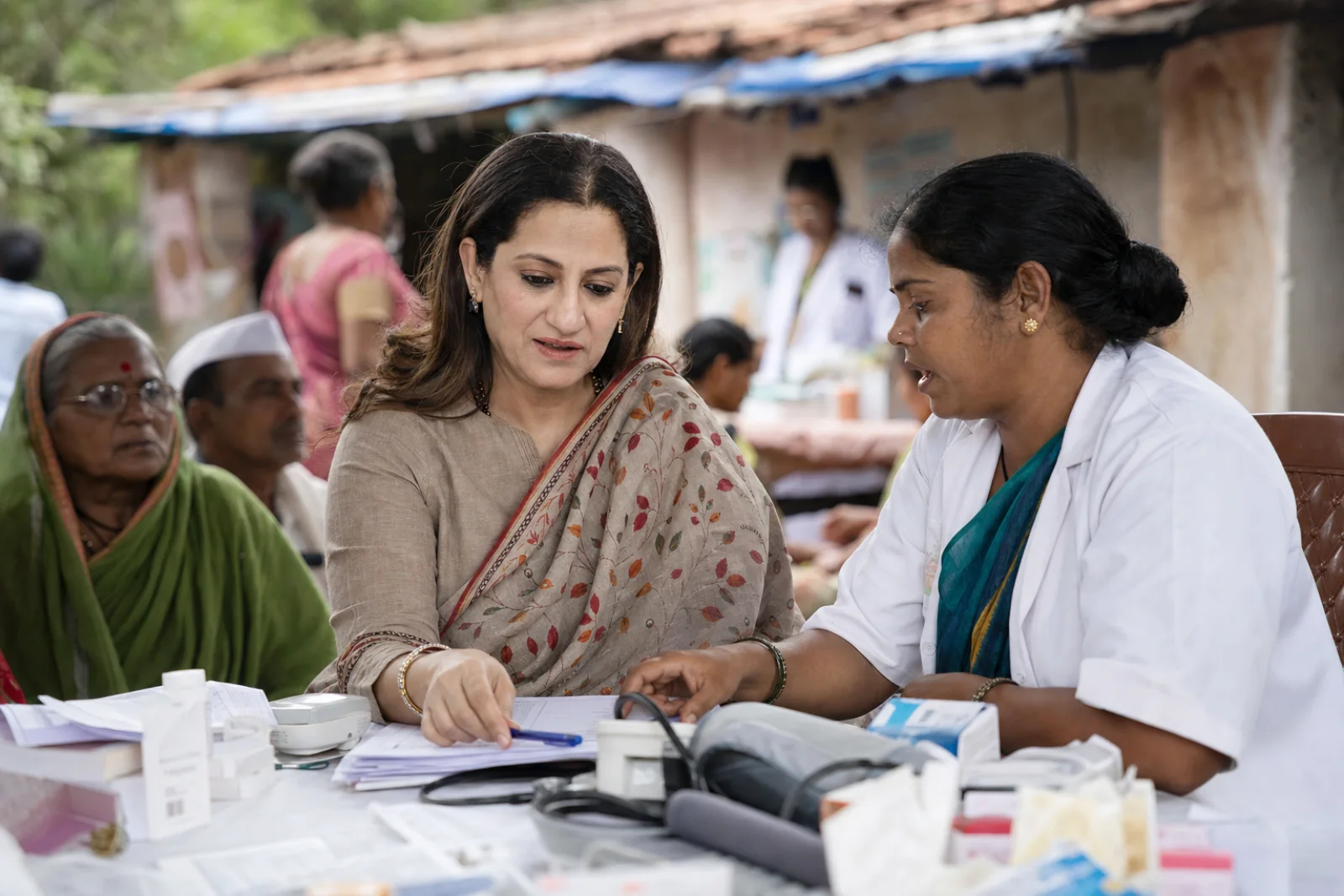 Editorial visualisation of Shirin Udhas Aggarwal coordinating at a rural health camp