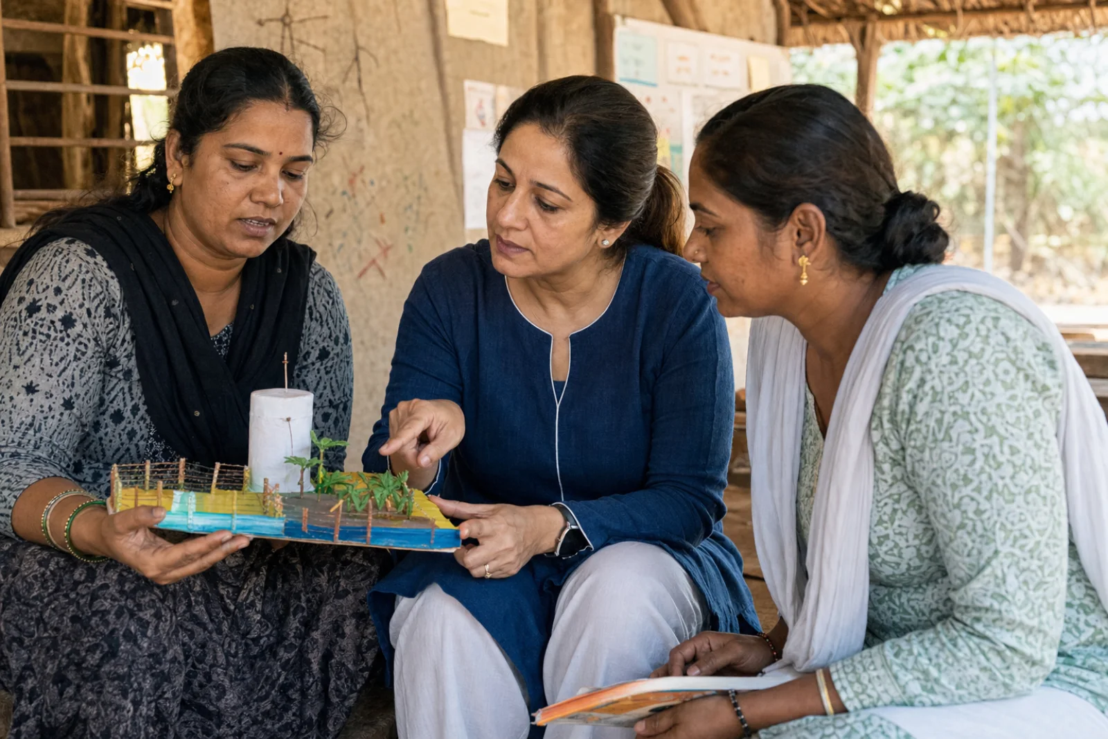 Editorial visualisation of Shirin Udhas Aggarwal reviewing a learning project with local educators