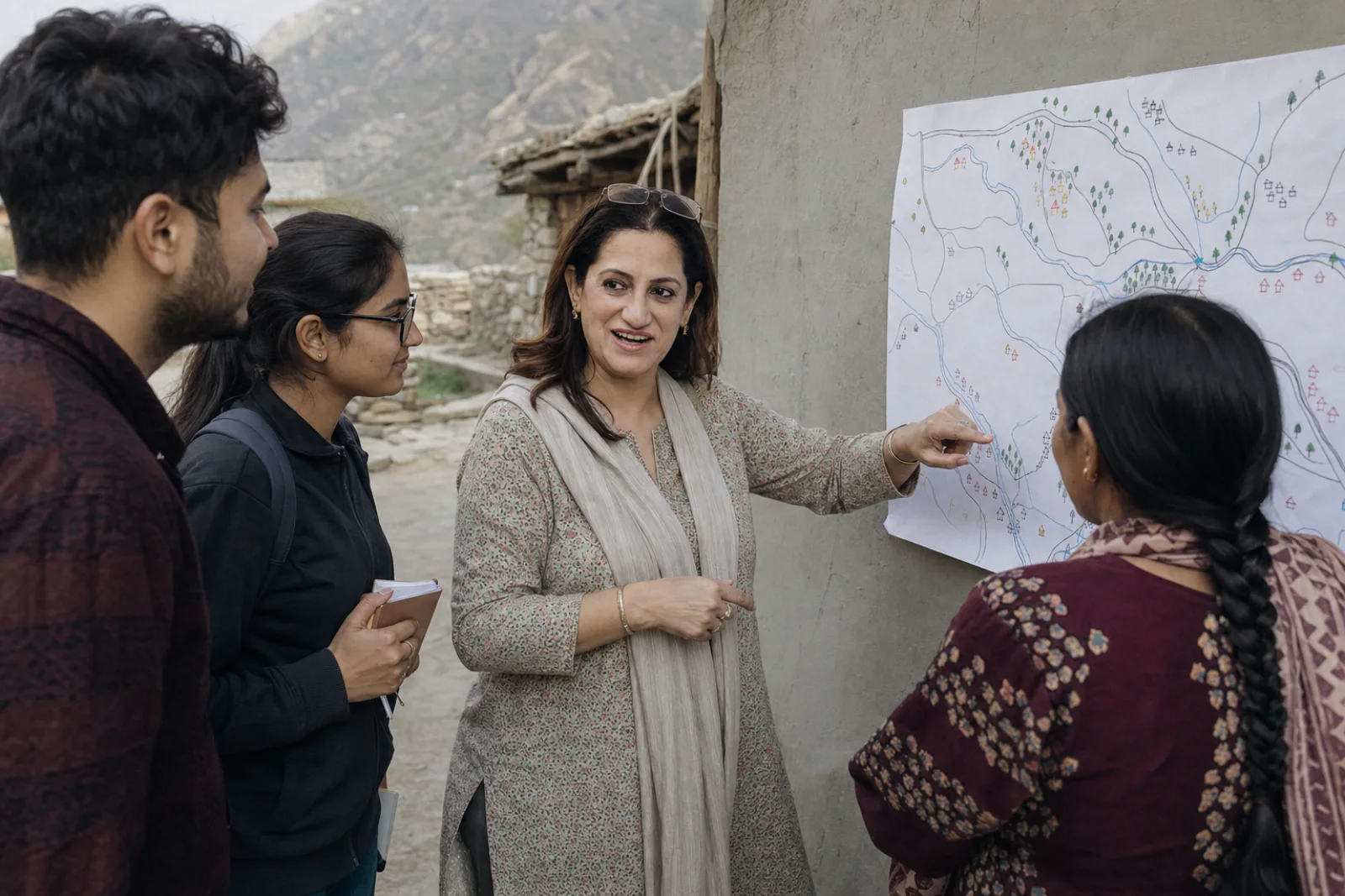 Editorial visualisation of a village civic planning discussion