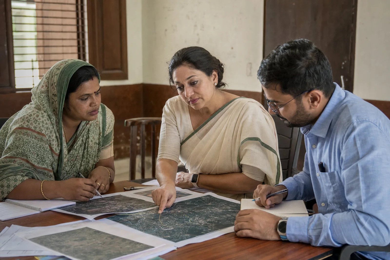Editorial visualisation of Shirin Udhas Aggarwal planning village development with local representatives