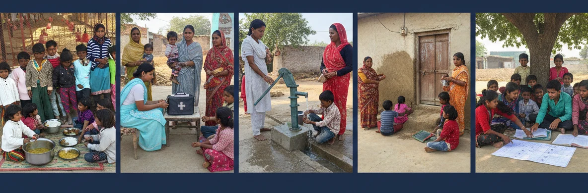 Community scenes representing hunger, health, hygiene, homes and education