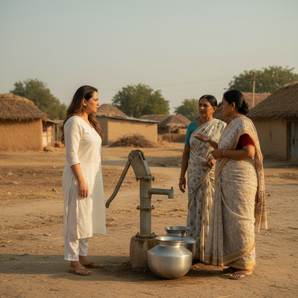Community discussion beside a rural hand pump