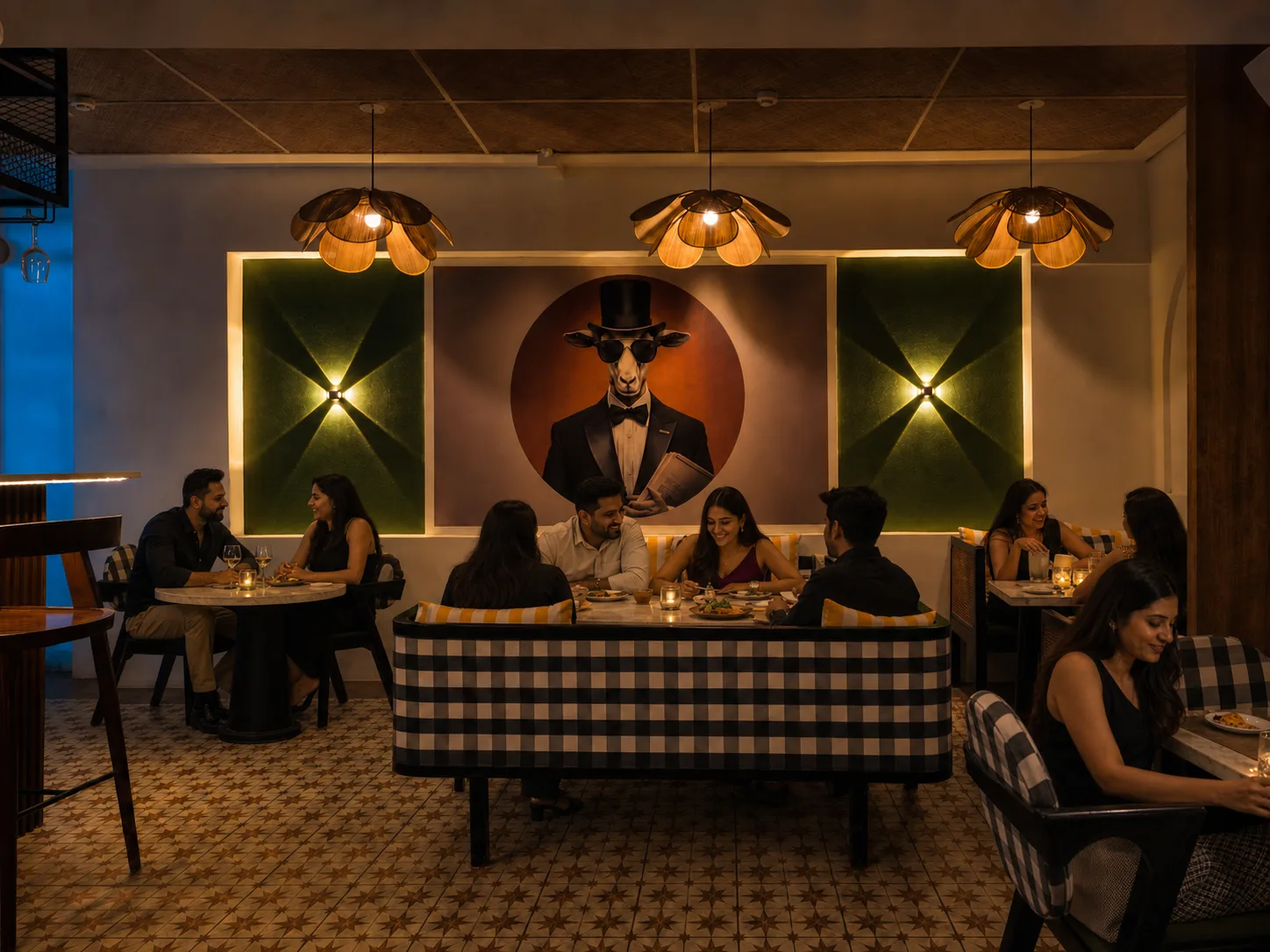 Goat Brew restaurant interior in Oshiwara at night